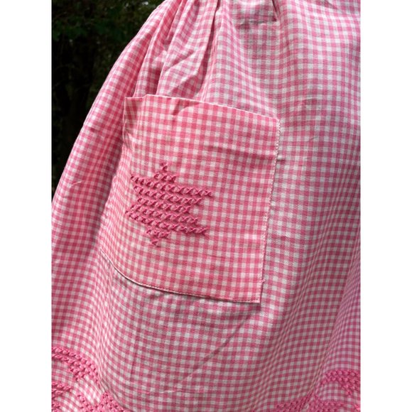 Vintage 1950s Half Apron Pink Gingham Check Smocked Stars Farmhouse - Picture 3 of 16